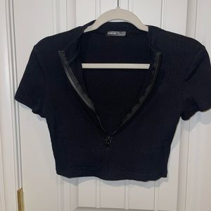 Shein Black Cropped Zip Up Shirt